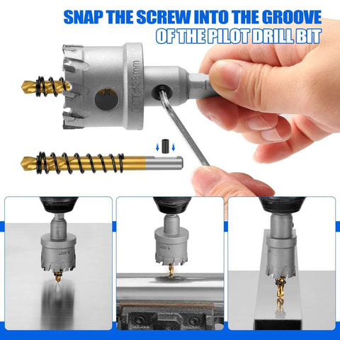 Carbide hole saw kit for metal, 16 pcs, 5/8–2-1/4 in, heavy-duty with arbor for precision cutting.