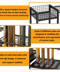 Heavy Duty Garden Tool Organizer Rack With Slick Storage Hooks And Multi Shelf Design For Garage Yard Shed Or Workshop close-up of grid structure with hooks and stable tool slots.