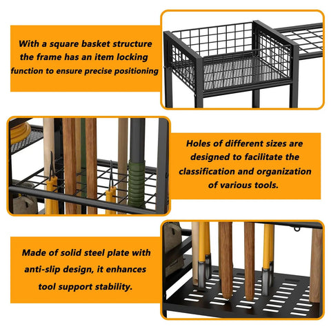 Heavy Duty Garden Tool Organizer Rack With Slick Storage Hooks And Multi Shelf Design For Garage Yard Shed Or Workshop close-up of grid structure with hooks and stable tool slots.