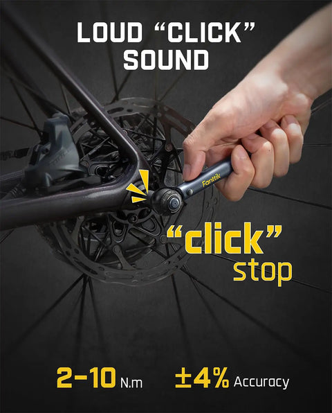 Hand using Mini Click Torque Wrench Set For Bikes With 1/4 Inch Drive, 2-10 Nm Range on bicycle disc brake.
