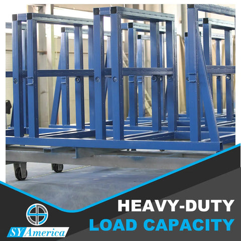 Blue heavy-duty steel RTA frame on wheels in industrial workshop, showcasing load capacity and structural design