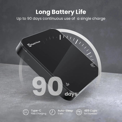 Palm Size Espresso Scale With Timer And USB C Rechargeable Battery, 2kg Capacity, showing long battery life of 90 days.
