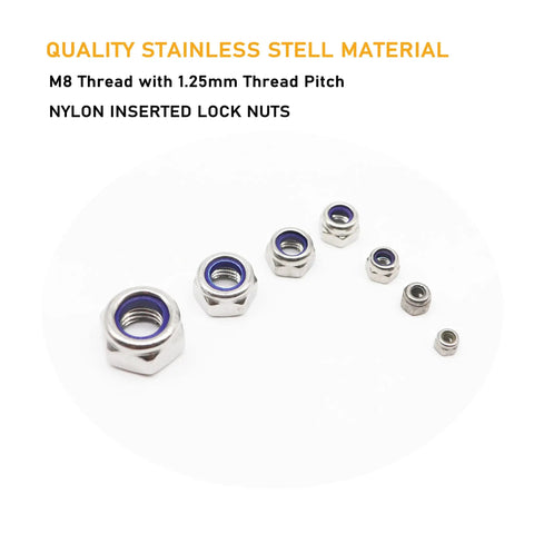 20 Pack M8 x 1.25 Nylon Inserted Stainless Steel Lock Nuts Self Locking 304 Grade 8mm Hex Built Tough for Automotive Bike Machinery and Heavy Duty DIY Projects displayed on white background showing different angles of lock nuts