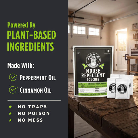 Kicks Mice To The Curb With This Heavy Duty Peppermint And Cinnamon Mouse Repellent Pouches Pack Of 10 on a wooden table.