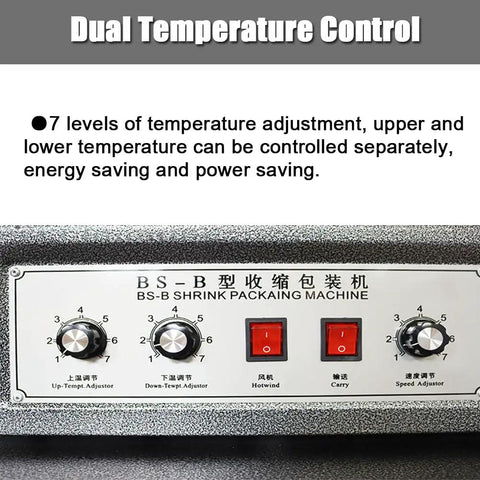 Heavy Hitter Electric Heat Shrink Tunnel Packaging Machine With Durable Mesh Conveyor Belt And Steady Continuous Cooling For Straight Up Square Box Wrapping 220V 4.5kw dual temperature control panel with adjustment knobs
