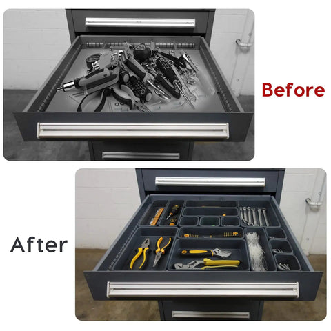 Before and after using the 40 Pack Anti Slip Tool Box Organizer Kit With 72 Non Slip Pads for rolling tool drawers.