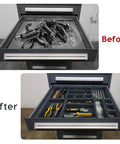 Before and after using 56 Pack Pro Grade Anti Slip Tool Box Organizer Kit With 96 Non Slip Pads in tool drawer