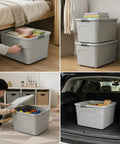 Heavy Duty Stackable Storage Totes With Secure Hinged Lids And Smooth Rolling Casters Plus Reinforced Side Handles in gray, used for closet organization.