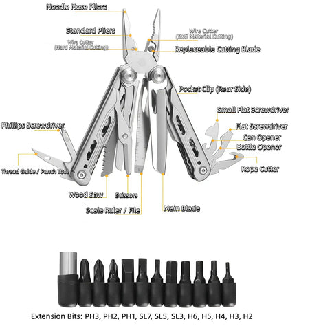 All In One Multitool Pliers With Replaceable Wire Cutters And Glass Hammer Premium Steel Construction showing tools and 12-piece bit set