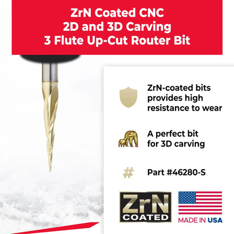 ZrN-coated CNC 3-flute up-cut router bit for 2D and 3D carving, part #46280-S, shown with label details and USA flag.