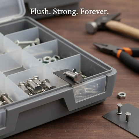 Top Shelf Stainless Steel Semi Tubular Rivets Featuring Flat Head Profile For Slick Sheet Metal Joining And Dead Solid Fastening Assembly Every Contractor Relies On in storage box.