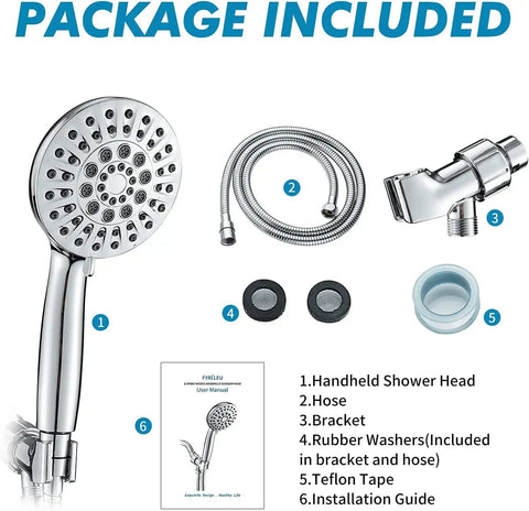 High Pressure 6 Function Shower Head Set With Handheld And 80 Inch Hose In Chrome Finish, includes accessories and manual