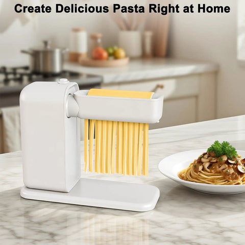 Electric Pasta Maker With Roller And Cutters For Fresh Noodles. High Quality Food Safe Machine in white with fresh noodles.