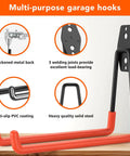 42 Pack Heavy Duty Wall Mount Garage Hooks With Tough As Nails Alloy Steel Build Non Slip PVC Coated Rust Resistant For Tool Setup In Garage Yard And Shop And More Gear, black and orange hook close-up