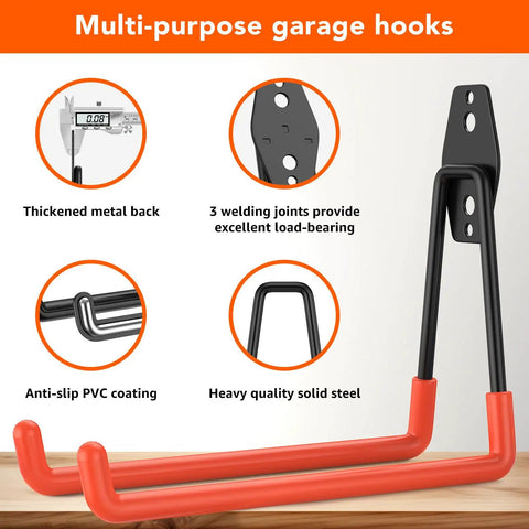 42 Pack Heavy Duty Wall Mount Garage Hooks With Tough As Nails Alloy Steel Build Non Slip PVC Coated Rust Resistant For Tool Setup In Garage Yard And Shop And More Gear, black and orange hook close-up