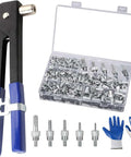 Rivet Nut Tool Kit Pro Grade with 430 pcs metric rivet nuts M3-M8, installer, protective gloves, and rugged case.