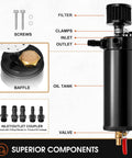 Diagram of 750ml Billet Aluminum 2 Port Baffled Oil Catch Can Kit With Breather Filter and Drain Valve components for PCV CCV air.