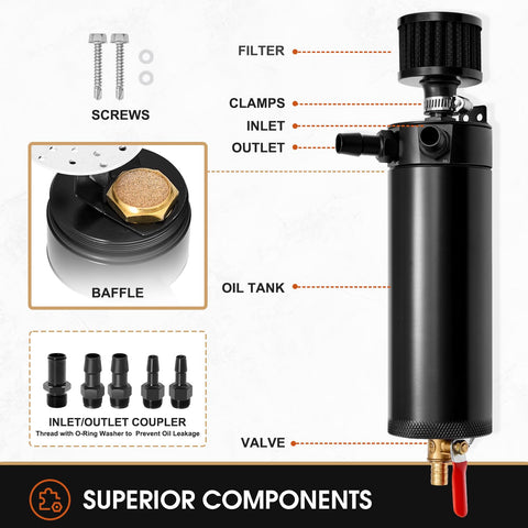 Diagram of 750ml Billet Aluminum 2 Port Baffled Oil Catch Can Kit With Breather Filter and Drain Valve components for PCV CCV air.