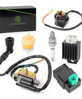 High Performance Ignition Coil Kit With 5 Pin AC CDI Box Voltage Regulator Rectifier Solenoid Relay And Spark Plug For 49cc To 110cc ATVs Go Karts Dirt Bikes Quads And Scooters