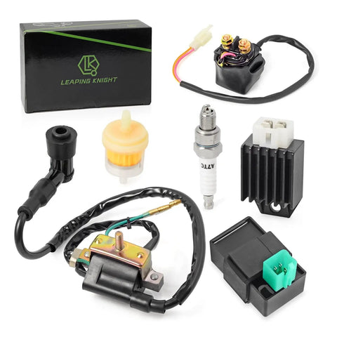 High Performance Ignition Coil Kit With 5 Pin AC CDI Box Voltage Regulator Rectifier Solenoid Relay And Spark Plug For 49cc To 110cc ATVs Go Karts Dirt Bikes Quads And Scooters