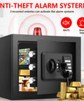 Open Compact 1.3 Cu Ft Fire Safe With Digital Keypad displaying contents, gold bars, and anti-theft alarm system in action.