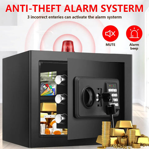 Open Compact 1.3 Cu Ft Fire Safe With Digital Keypad displaying contents, gold bars, and anti-theft alarm system in action.