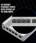 Close-up of TSW100 Industrial PoE Plus Unmanaged Ethernet Switch with 5 gigabit ports, highlighting PoE functionality, speeds up to 1000 Mbps.