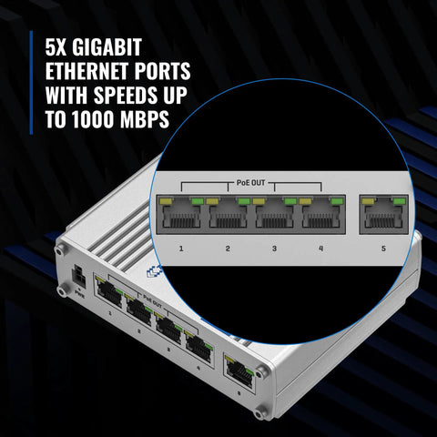 Close-up of TSW100 Industrial PoE Plus Unmanaged Ethernet Switch with 5 gigabit ports, highlighting PoE functionality, speeds up to 1000 Mbps.