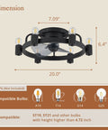 Low Profile Black Ceiling Fan With Light Remote Flush Mount dimensions and compatible bulb types shown