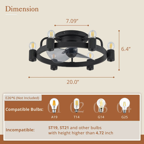 Low Profile Black Ceiling Fan With Light Remote Flush Mount dimensions and compatible bulb types shown
