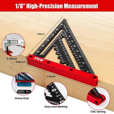 Heavy Duty Aluminum Rafter Square With Carpenter Pencil Built Like A Tank For Dead Accurate Woodworking Layouts And Corner Marking Up To Seven Inches, high-precision 7.68-inch tool on wood surface.