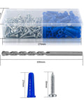 200 Piece Conical Concrete Wall Anchors And Self Tapping Screws Kit For Drywall with labeled dimensions, drill bit, anchors, and screws