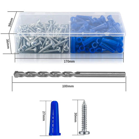 200 Piece Conical Concrete Wall Anchors And Self Tapping Screws Kit For Drywall with labeled dimensions, drill bit, anchors, and screws