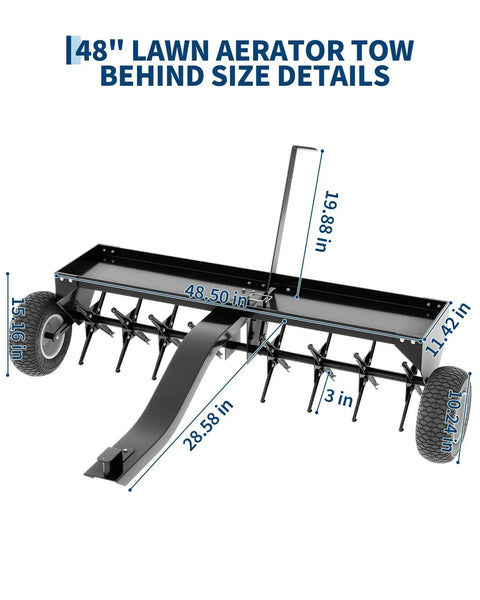 Heavy Duty 48 Inch Tow Behind Plug Lawn Aerator With Universal Hitch Deep Soil Penetration Steel Tines Tray And Inflatable Wheels For Lawns Gardens And Farms Unbreakable Steel Chassis Black, diagram with dimensions
