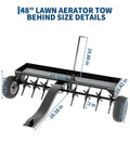 48-Inch Tow Behind Plug Aerator with 150 lb weight tray, 24 steel tines and inflatable wheels, side view with size details.