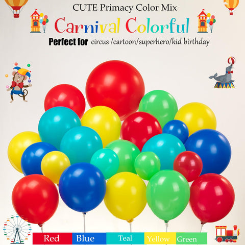 Circus Theme Party Decorations Kit With Balloon Garland in red, blue, yellow, green, teal for fun kids birthday and event.