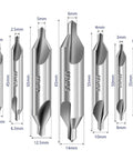 Center Drill Bit Set Pro Grade M2 High Speed Steel 7 Pc 60 Degree Centering Drill Bits for Precision Machining shown in various sizes
