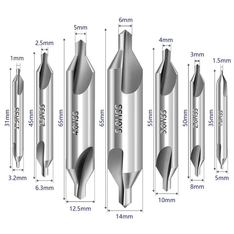 Center Drill Bit Set Pro Grade M2 High Speed Steel 7 Pc 60 Degree Centering Drill Bits for Precision Machining shown in various sizes