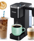 Single Serve Coffee Maker With Built In Detachable Milk Frother For Pods And Grounds No Fuss In Classic Bold Over Ice And Specialty Brew 40 Oz Removable Water Reservoir Six Cup Sizes Fits 7 Point 3 Inch Travel Mug Black with coffee and latte