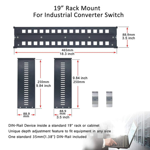 Heavy Duty 19 Inch Rack Mount DIN Rail Kit With 35mm Height DIN Rail And Adjustable Depth Bracket for Industrial Media Converters