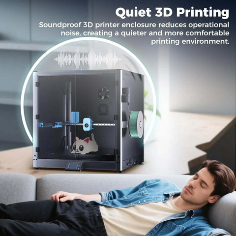 Metal and tempered glass open enclosure with drag chain for SV08 Max 3D printer, soundproof for quiet operation.