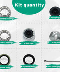 Trailer hub kit: L44649 bearings x4, L44643 bearings x4, dust caps x4, lug nuts x10, grease seals x2, cotter pins x2.