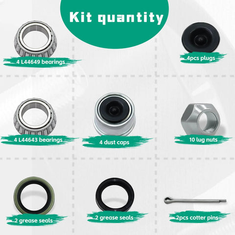 Trailer hub kit: L44649 bearings x4, L44643 bearings x4, dust caps x4, lug nuts x10, grease seals x2, cotter pins x2.
