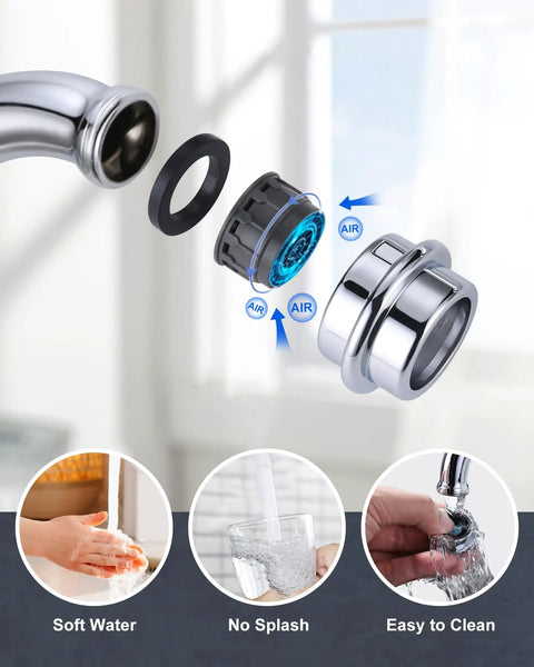 Chrome Bridge Kitchen Faucet With 8 Inch Centerset Solid Brass Construction 2 Or 3 Hole Sink Compatible Two Handle Classic Heritage Design Heavy Duty High Arc Spout Rust Resistant Deck Plate Included Modern Home Style showing detachable aerator for easy cleaning.