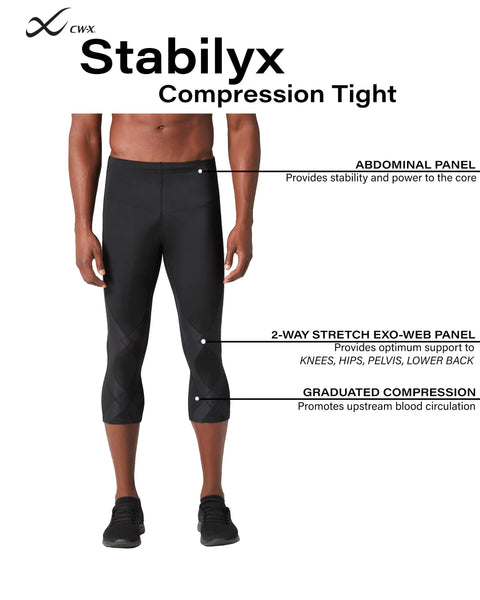 Stabilyx Compression Three Quarter Tights With EXOWEB Support Panel For Knees, Hips, Back And Pelvis, Targeted Stability, Black Large