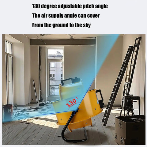 24 Inch Heavy Duty Industrial Oscillating Metal Drum Fan Solid Steel Beast Adjustable Tilt and Multi Speed Settings for slashing heat in garages workshops and basements showing 130-degree angle.
