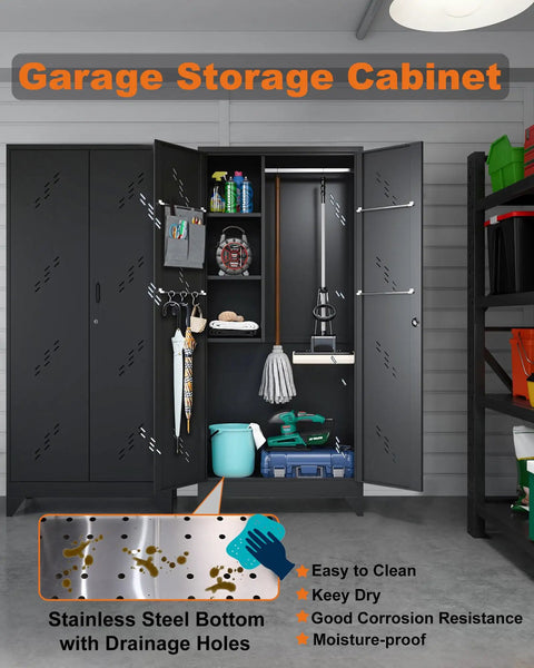 75 Inch Heavy Duty Metal Garage Storage Cabinet With Lockable Doors For Tools And Gear, organized with shelves