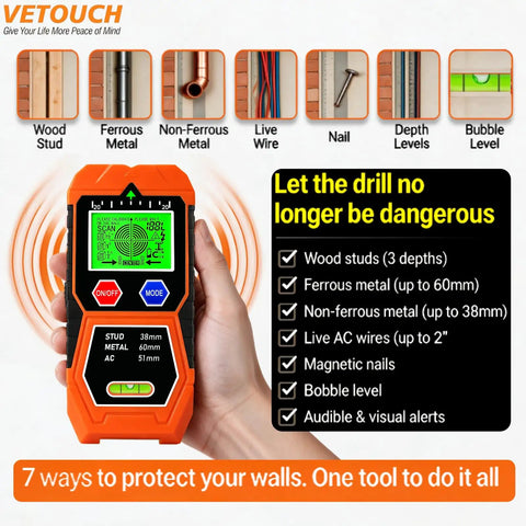 No Sweat 7 In 1 Wall Scanner And Stud Finder That Sniffs Out Wood Metal AC Wire And Iron Fasteners Behind Drywall Features Bright LCD Screen Instant Audio Chirp Integrated Bubble Level And Bullseye Precision For Flawless Diy Upgrades