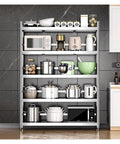 Heavy Duty 5 Tier Stainless Steel Shelving Unit Rock Solid Storage Rack With 330 Lb Load Capacity Tough As Nails Industrial Grade Rack Built For Commercial Kitchens And Home Pantry with kitchen appliances and cookware.