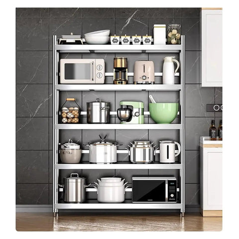 Heavy Duty 5 Tier Stainless Steel Shelving Unit Rock Solid Storage Rack With 330 Lb Load Capacity Tough As Nails Industrial Grade Rack Built For Commercial Kitchens And Home Pantry with kitchen appliances and cookware.